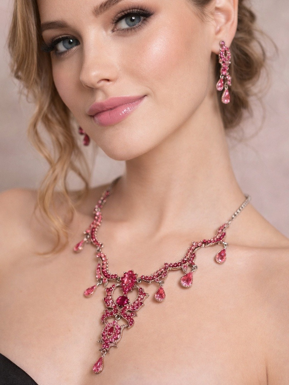 Sparkly Pink Necklace Earring Set